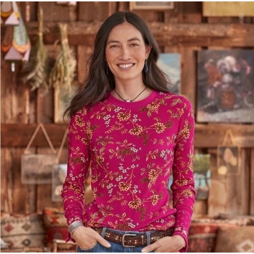 Sundance Loretta Thermal Tee Womens XS Waffle Knit Top Floral Velvet Cuff Pink